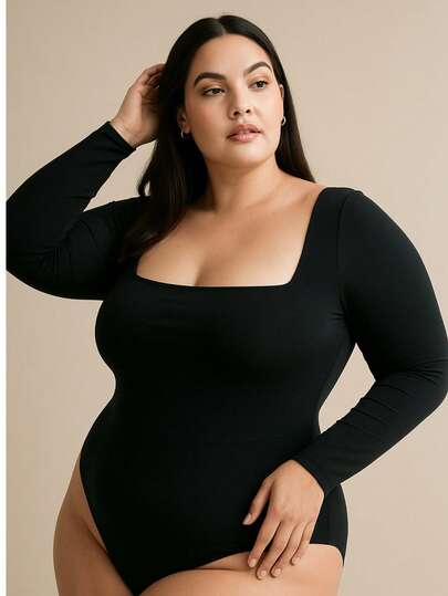 Body Feminino Manga Longa Decote Quadrado Básico Casual Chic Elegante Estiloso Suplex