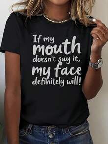 Women Bold Letter Print Cotton Women T-Shirt Fun Expression Graphic Tee Round Neck Top For Casual Wear Festive Outfits Women Size S-3XL - 黑色 - 查看 2