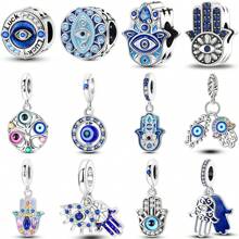 1 Stück Silberfarbener, exquisiter blauer Emaille-Zirkonia, glücklicher Fatima Hamsa Hand, Palme, böser Blick, religiöser Schutzanhänger, passend für original Armband, Halskette, Anhänger, Perlen für DIY Schmuckherstellung, Frauen, Mädchen, Geburtstagsschmuck, Geschenk für Freunde