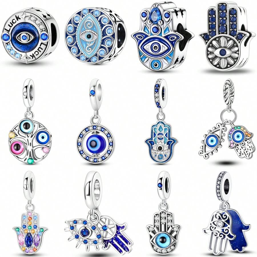 1 Stück Silberfarbener, exquisiter blauer Emaille-Zirkonia, glücklicher Fatima Hamsa Hand, Palme, böser Blick, religiöser Schutzanhänger, passend für original Armband, Halskette, Anhänger, Perlen für DIY Schmuckherstellung, Frauen, Mädchen, Geburtstagsschmuck, Geschenk für Freunde
