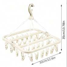 1pc Folding Hanging Clothes Hanger With 32 Clips, Multifunctional Windproof Sock Clips, Household Plastic Clothing & Sock Drying Rack, Foldable Laundry Hanger, For Drying Socks, Underwear, Towels, Compact Folding Drying Rack, PP Plastic Drying Rack With Clips