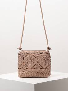 花卉镂空钩针编织斜挎包、沙滩包、度假包、钩针套装、度假必需品、旅行必备品、可调节肩带（图案随机） - 駝色 - 查看 1