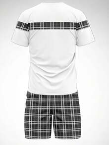 Herren gestreiftes Rundhals Kurzarm T-Shirt und Shorts Set, Weiß, Sport - Weiss - Übersicht 2