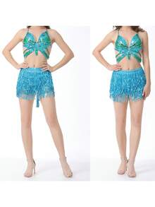 Women's Short Tops With Shiny Sequins Embellished Irregular Butterfly Look Sleeveless Camisole Vest - 水鴨藍 - 查看 6