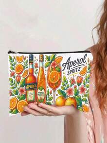 1pc Aperol Spritz Cocktail Design Makeup Bag - Lightweight Zippered Cosmetic Pouch With Vibrant Orange & Citrus Illustration, Ideal For Travel & Daily Use - Multi-Pocket Organizer For Beauty Products, Medications, And Accessories - Perfect Gift Idea, Travel Accessory | Cocktail Themed Bag | Durable Zipper Closure, Makeup Organizer Christmas Gift Make Up Bag