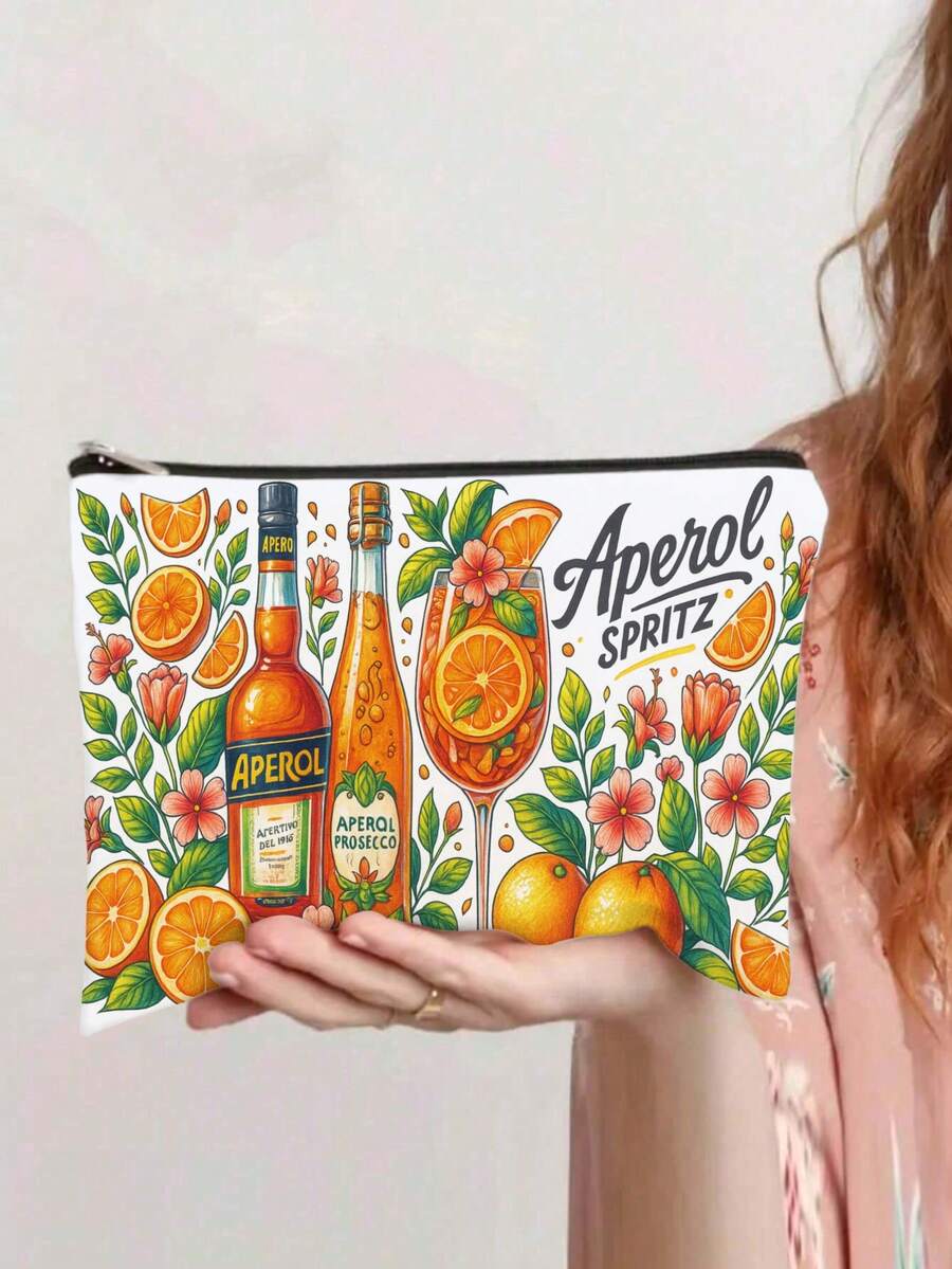 1pc Aperol Spritz Cocktail Design Makeup Bag - Lightweight Zippered Cosmetic Pouch With Vibrant Orange & Citrus Illustration, Ideal For Travel & Daily Use - Multi-Pocket Organizer For Beauty Products, Medications, And Accessories - Perfect Gift Idea, Travel Accessory | Cocktail Themed Bag | Durable Zipper Closure, Makeup Organizer Christmas Gift Make Up Bag