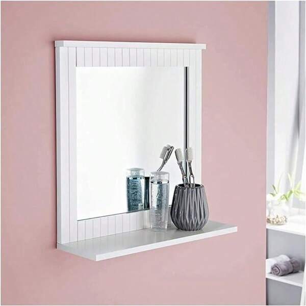 Homme Concept -Grey Bathroom Mirror With Shelf, Wall-Mounted Bathroom Mirrors, Hanging Vanity Mirror, For The Living Room And Bathroom, Bathroom Décor, Wood Frame