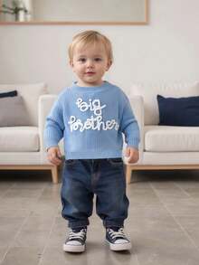 Toddler Boys Knitted Jumper Big Bro Letter Embroidery Round Neck Pullover Sweater Baby Warm Knit Tops Pullover Knitwear - 天藍 - 查看 5
