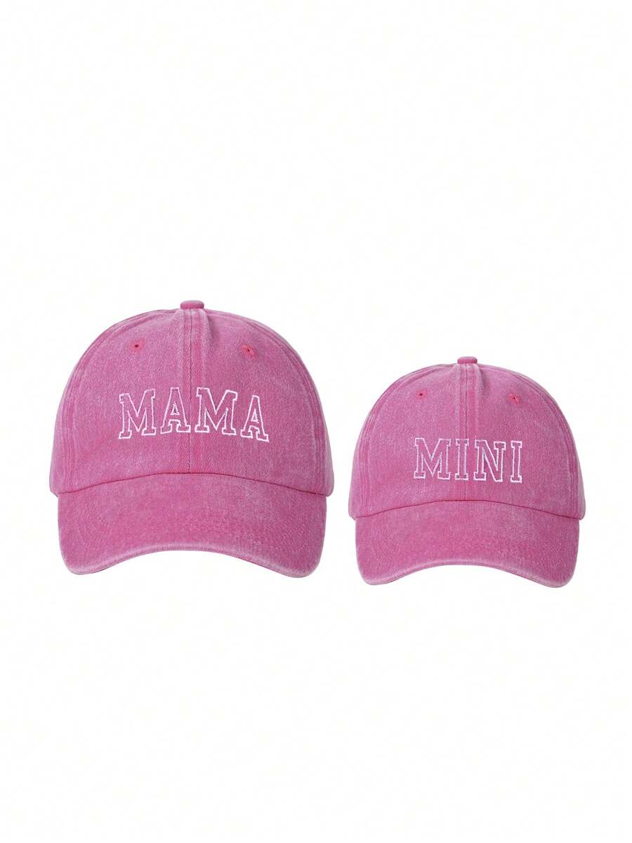 2pcs/Set Mother & Baby Embroidered Letter "MAMA MINI" Matching Baseball Cap, Mother's Day & Children's Day Gift - Hot Pink - View 1