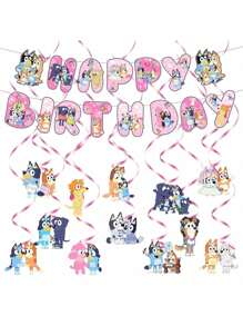 Bluey بنر خلفية صور حفلة عيد ميلاد كلب عائلة وأصدقاء بلويز مع أعلام ملونة هدايا