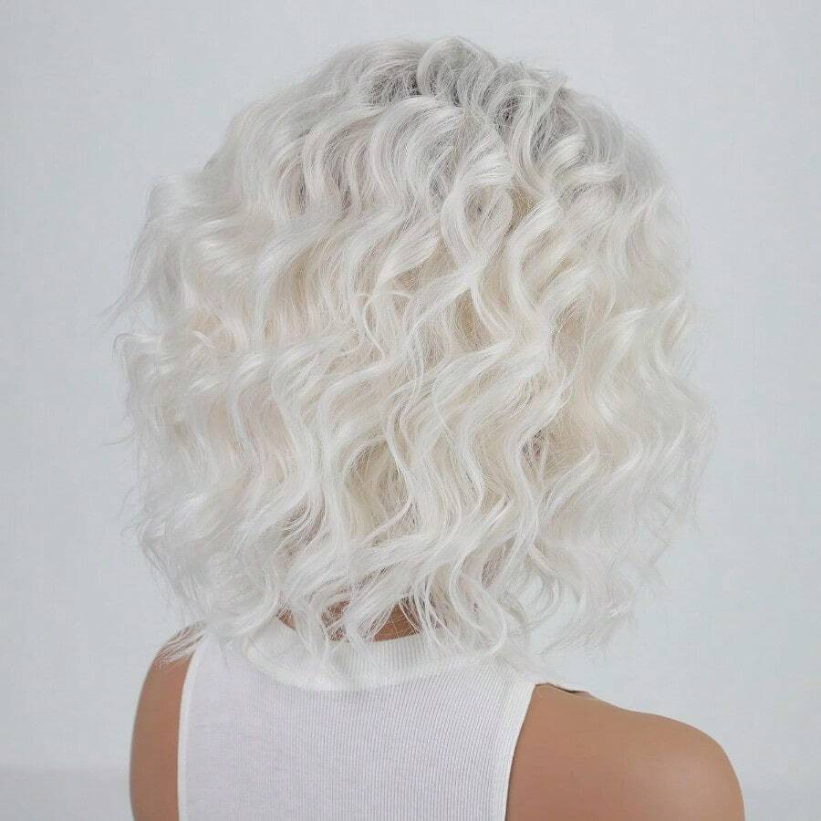 MMidlength Layered Ombre Platinum Blonde Wavy Bob Wigs For White Women 12inch Short Wave Curly Synthetic Wig Side Part Average Size Daily Party Wig8001 - Bạch kim - Xem 1