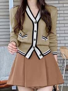 撞色前袋落肩短款开衫 - 卡其色 - 查看 7