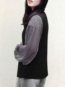 YUXIN 2025春夏韩版条纹拼接衬衫，灯笼袖雪纺拼接，宽松版型，休闲日常女式上衣 - 黑色 - 查看 9