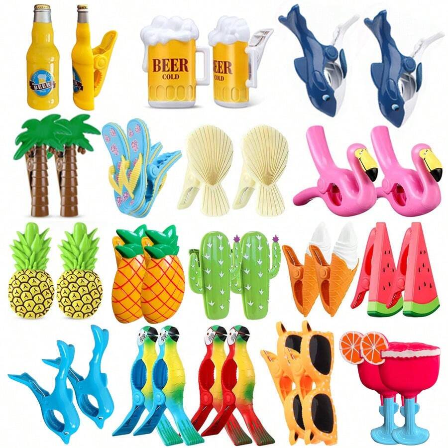 2pcs Beach Towel Clips, Summer Portable Plastic Clothes Pegs In Parrot, Watermelon, Flamingo, Ice Cream, Pineapple, Cactus, Coconut Tree Patterns, Suitable For Graduation, Back To School - Multicolor - View 1