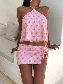 Women Two Piece Sparkly Sequin Mini Skirt Set .Y Sleeveless Tie Back Halter Top Side Tie Mini Skirt Set Summer Y2k Clubwear - 粉色 - 查看 1