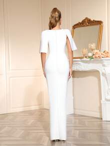 Sexy Women'S Round Neck Half Sleeve Handmade Nail Bead Slim Fit Long Bandage Dress Elegant Women'S Formal Dinner, Wedding, Holiday Party Dress