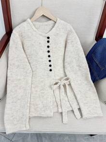 Wixra 不对称肩带韩版毛衣，修身舒适，秋冬外套针织开衫 - 杏色 - 查看 2