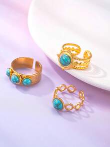 3pcs/Set Stainless Steel 18k Gold Western Cowboy Style Round Turquoise Decorative Hydraulic Open Ring Set Suitable For Daily, Party, Music Festival, Vacation, Gift Collection - Yellow Gold - View 2