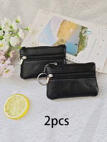 2 Pcs Mini Fashion Solid Color Coin Purse Thin Short Key Coin Purse Classic Simple Small Wallet Zipper Clutch Bank Card Lipstick Data Cable Storage Bag Suitable For Women Wallet Mini Wallet Purse Wallet Wristlet Wallet Coin Wallet - Black - View 7
