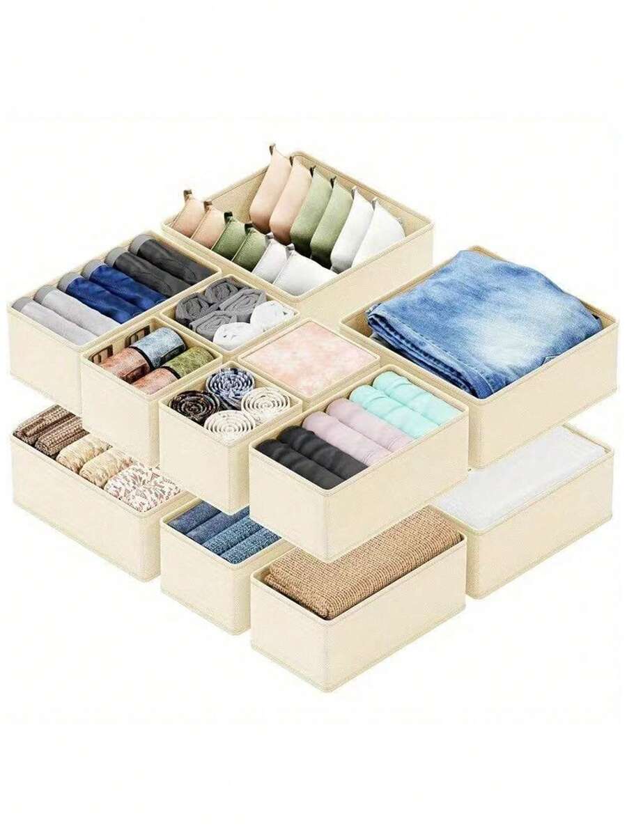 1/3/6/9 Pcs Set Minimalist Foldable Fabric Storage Boxes, Wardrobe/Dresser Drawer Organizers, Storage Baskets, Bra Underwear Organizer Boxes, Solid Color Storage Containers - Beige - View 1