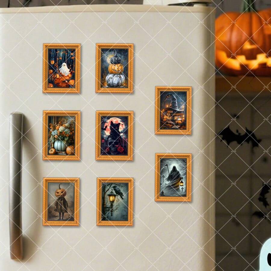 1/8/16/24pcs Vintage Ghost Fridge Magnet Wooden Gold Picture Frame Mini Magnetic Refrigerator Decoration For Home Cabinet Halloween Party Gift