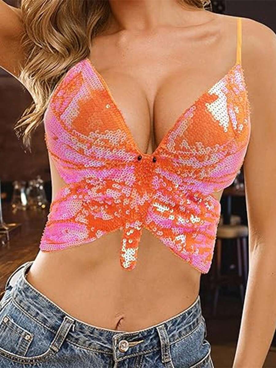 Womens Glitter Sequin Butterfly Crop Top Sparkly Low-Cut Tank Top Rave Tube Vest Top For Belly Dance Costume Outfits - trái cam - Xem 1