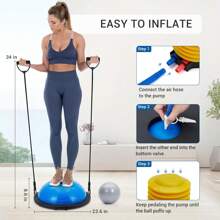23in Balance Ball, 1600 Lbs Half Exercise Ball With Nonslip Base, Inflatable Half Ball Balance Trainer, Stability Half Yoga Ball Strength Training Equipment With 2 Bands, Pump, Extra Ball Included