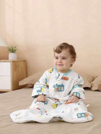 新生儿男孩女孩4/2层纱布平纹细布睡袋适合秋季婴幼儿可拆卸袖子连体睡袋返校