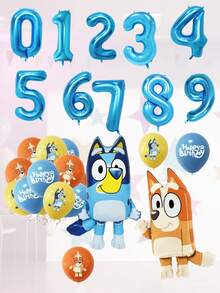 Bluey Birthday Party Decoration Cartoon Foil Balloons, Aluminum Foil Blue Cartoon Foil Balloons, Birthday Party, 1-9 Years Old Blue Number Latex Aluminum Film Balloon Decoration, Birthday, Wedding Party And Gathering Background Wall Decoration Halloween, Christmas - Multicolor - View 2