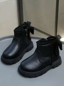 Nuevas botas de tobillo suave para niños de otoño/invierno, diseño con lazo, cremallera lateral antideslizante, botas cortas versátiles para niñas pequeñas - Negro - Ver 5