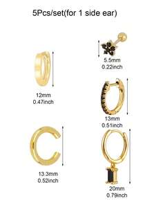 5件套耳环套装女镀金耳夹黑锆石耳钉耳环圈形耳环吊坠耳环女时尚珠宝配饰 - 5Pcs/set(1 side ear) - 查看 4