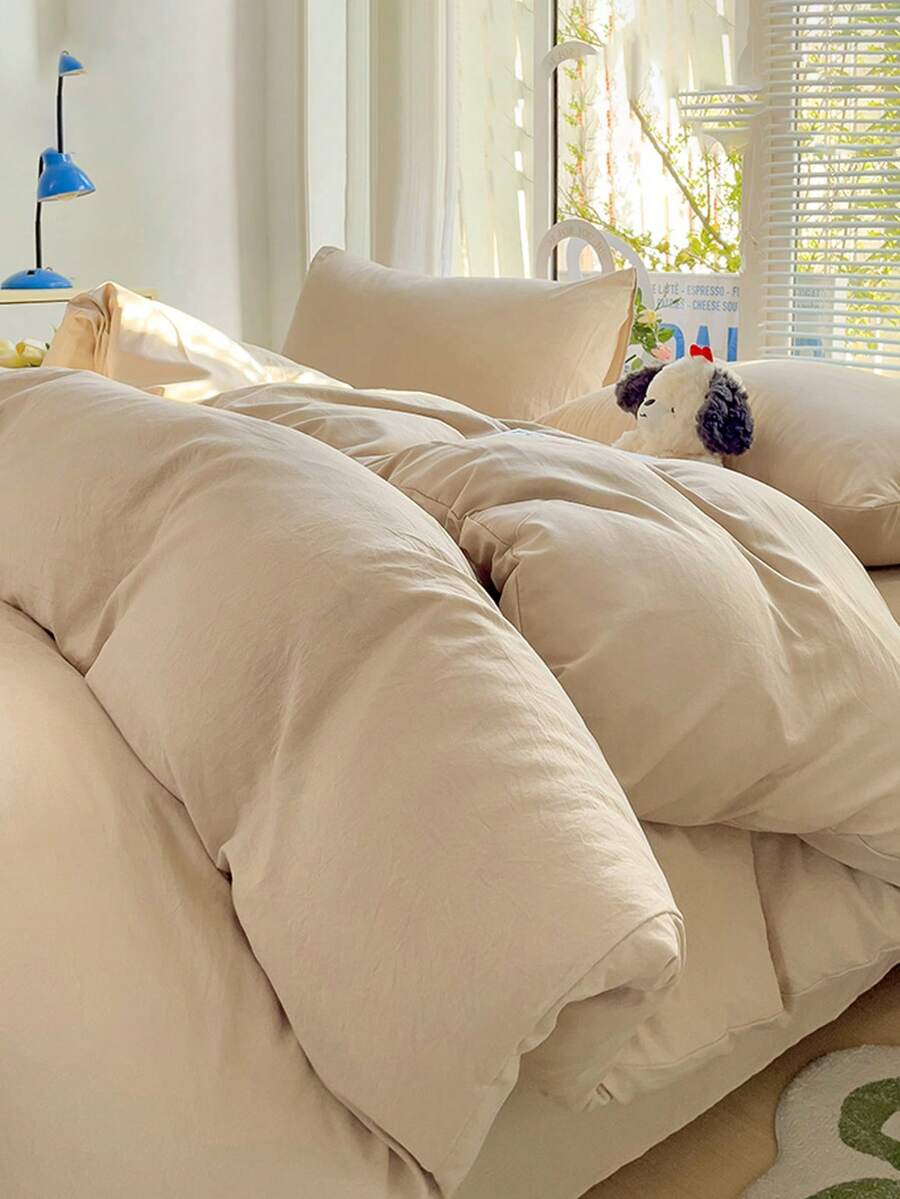3pcs Solid Color Washed Soft Bedding Set - Khaki - View 1
