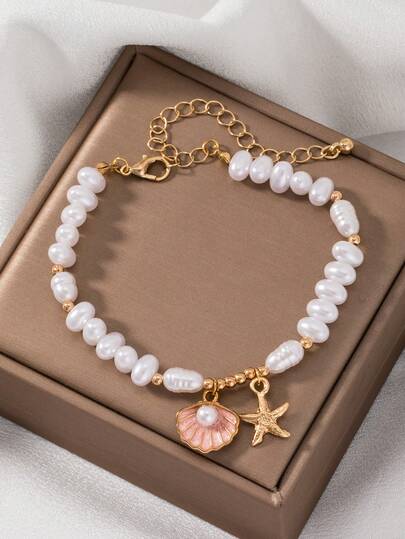 1件 时尚百搭简约海洋沙滩风贝壳海星仿珍珠手链