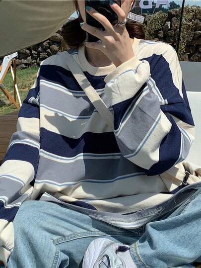 Camiseta de manga larga a rayas para mujer Camiseta larga de mujer