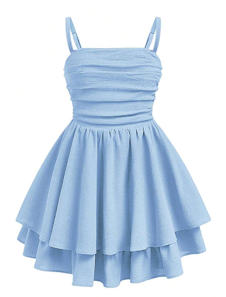 EXARUS Girls Flowy Ruffled Hem/Puff Bubble Dress Teen Ruched Summer Adjustable Spaghetti Strap Casual Cami Mini Dresses - Dusty Blue - View 1