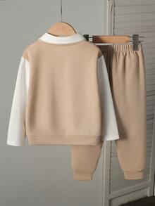 Young Boy字母与华夫格刺绣Polo衫和裤子两件套，春秋 - 杏色 - 查看 2