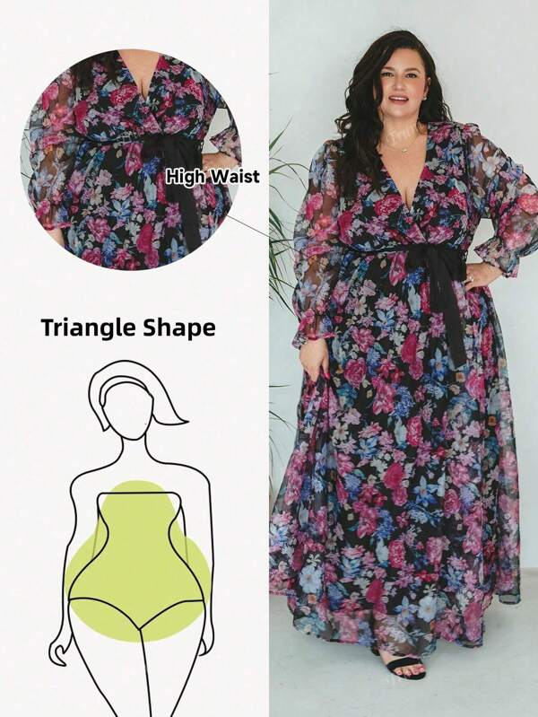 Truni Women's Plus Size V-Neck Lantern Sleeve Tied Waist Floral Print Mesh Flowy Dress, Romantic & Elegant