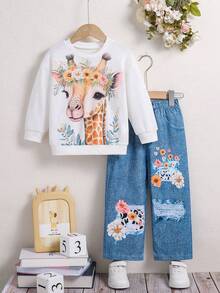 女童趣味可爱长颈鹿印花长袖圆领上衣和花卉印花长裤两件套服装套装，秋冬 - 白色 - 查看 1