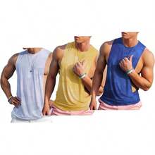 Men's Sleeveless Muscle Stringer Tank Top Cut Open Gym Training Bodybuilding Vest Shirts-2025 - 灰色/黃色/藍色 - 查看 1