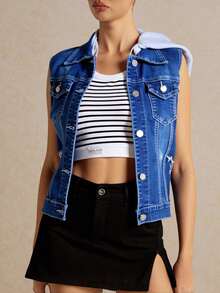 Chaqueta sin mangas vaquera, estilo casual y trendy - Azul lavado medio - Ver 1