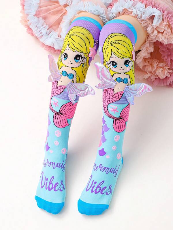 A Pair Of Girls' Three-Dimensional Decorative Mermaid Knee-High Socks, Suitable For Party Wear, Daily Play Wear, And Suitable For Gifts