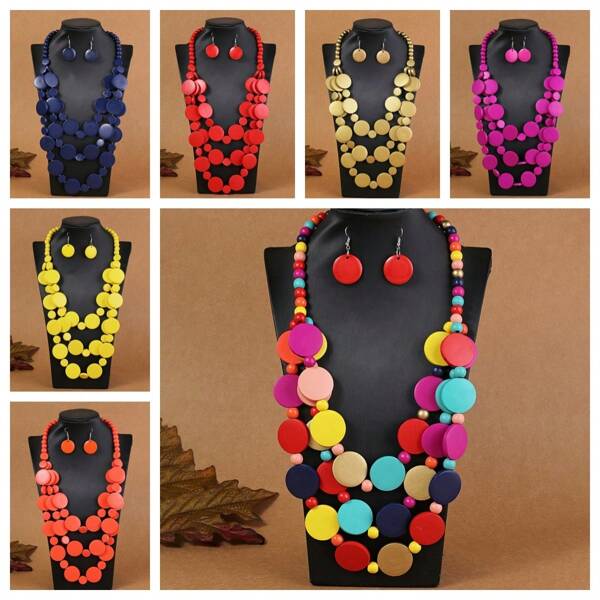 1 conjunto de colar e brincos de contas multicamadas feitos à mão, estilo boêmio europeu e do Oriente Médio, joias adequadas para festas femininas, noite, reuniões, férias e uso diário