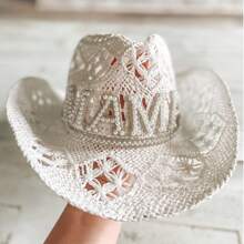 Customized Pearl Rhinestone White Straw Cowgirl Hat | Bridal Gifts | Nashville Bachelorette Party | Beachy