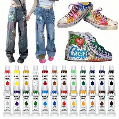 FLYSEA Có sẵn 12/24 màu - Bộ sơn vải dệt vĩnh viễn 12ml/0,4oz, Màu sắc sống động, Thích hợp cho nghệ sĩ và thợ thủ công, Dùng cho áo phông, giày dép, quần jean, túi vải, dự án tự làm