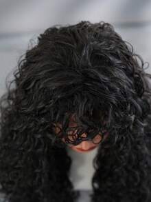 NICKY WALL 长款黑色深波浪卷发假发，女士合成假发，24 英寸蓬松蓬松大卷发，带细刘海，适合日常派对角色扮演使用