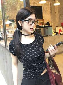 Women's Casual Lace-Up Neck Minimalist Polka Dot Print Slim Fit T-Shirt