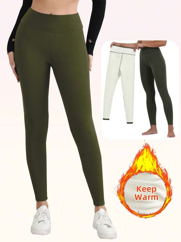1pc Thermal Lined Solid Color Thermal Leggings, Winter