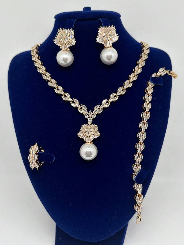 4pcs Dubai Arabic Style Jewelry Set For Brides - Necklace, Earrings, Ring And Bracelet, Cubic Zirconia Stones, Middle Eastern Saudi Women Wedding Accessories