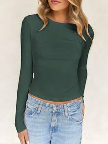 Vaiaye 女士长袖性感露背修身运动上衣，春夏款 - 墨綠色 - 查看 6