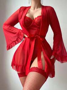 5pcs Set: Sexy Slit Bodysuit + Robe + Belt + 1 Pair Stockings For Going Out - Red - View 3